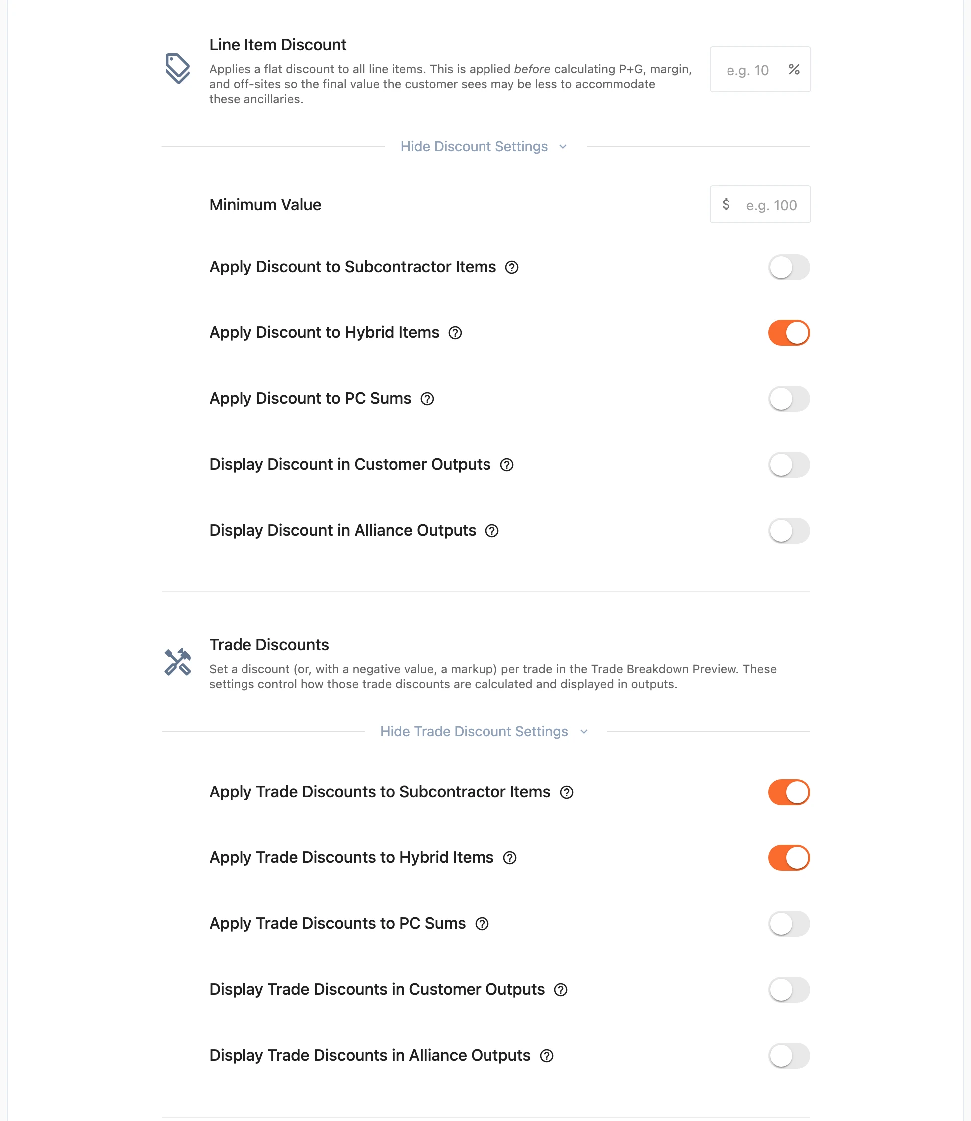 The discount groups with their settings revealed