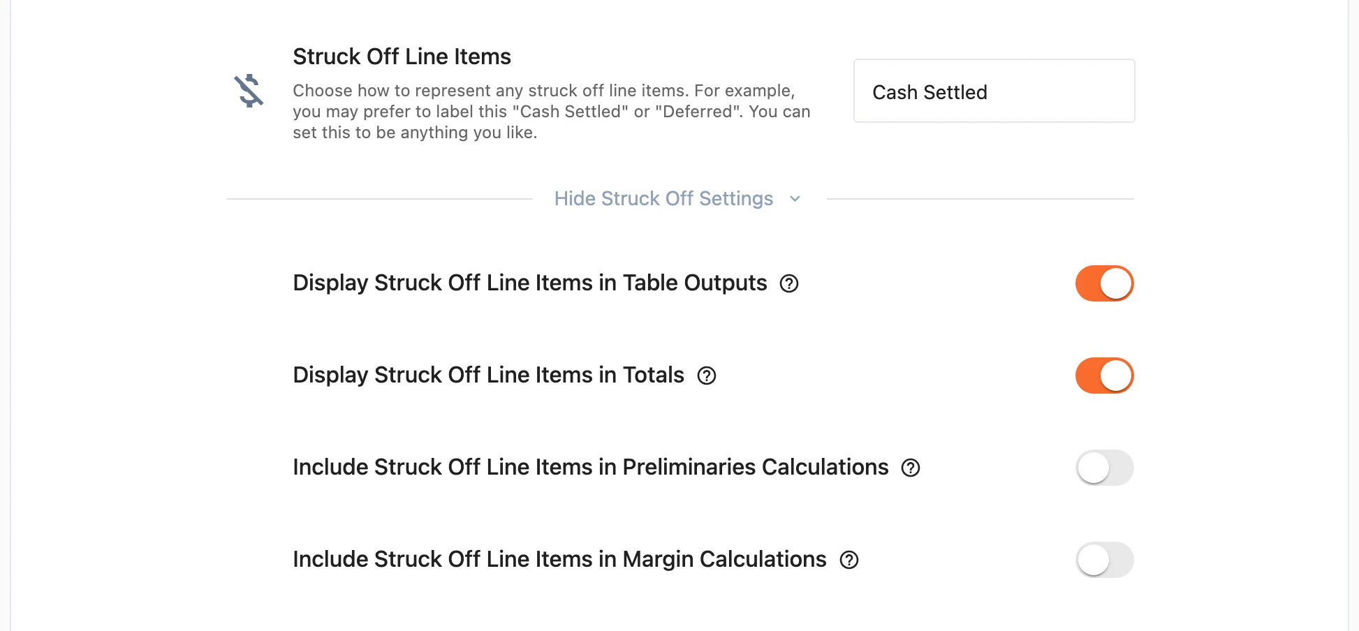 Struck off line items with their settings revealed